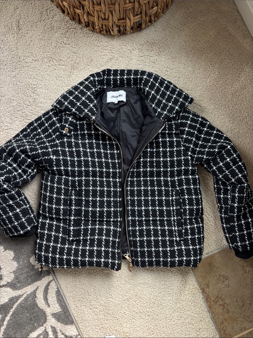 Jason Wu Black & White Check Tweed Puffer Jacket